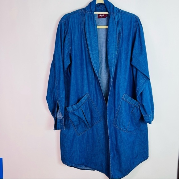 CHAMBRAY DENIM LONG JACKET PATCH POCKETS ROLL TAB SLEEVES SIZE LARGE EUC - Picture 1 of 8